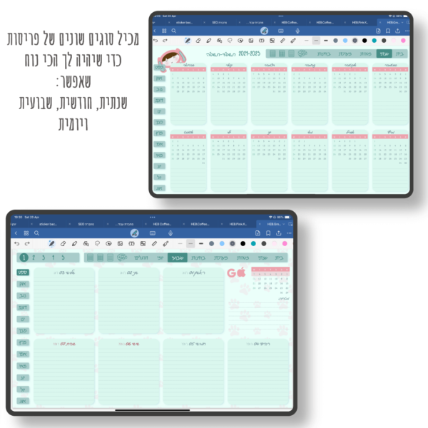 hebrew fresh green digital planner for school