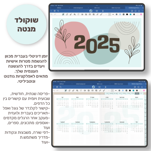 hebrew chocolate mint goals digital planner 2025 home page & yearly log