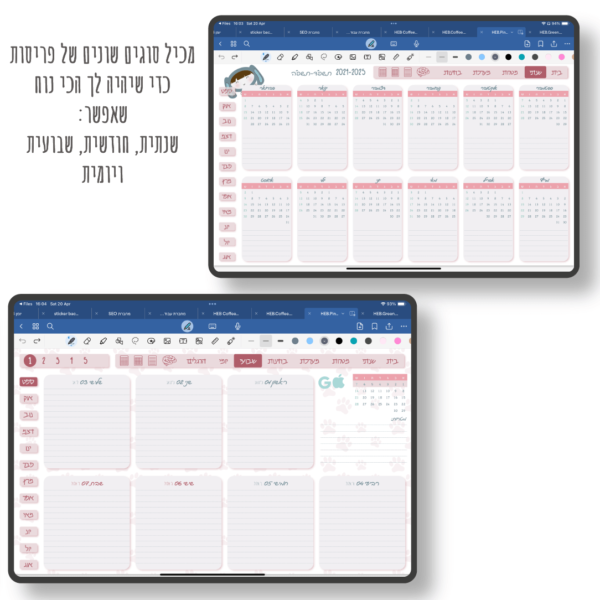 hebrew pink digital planner for school